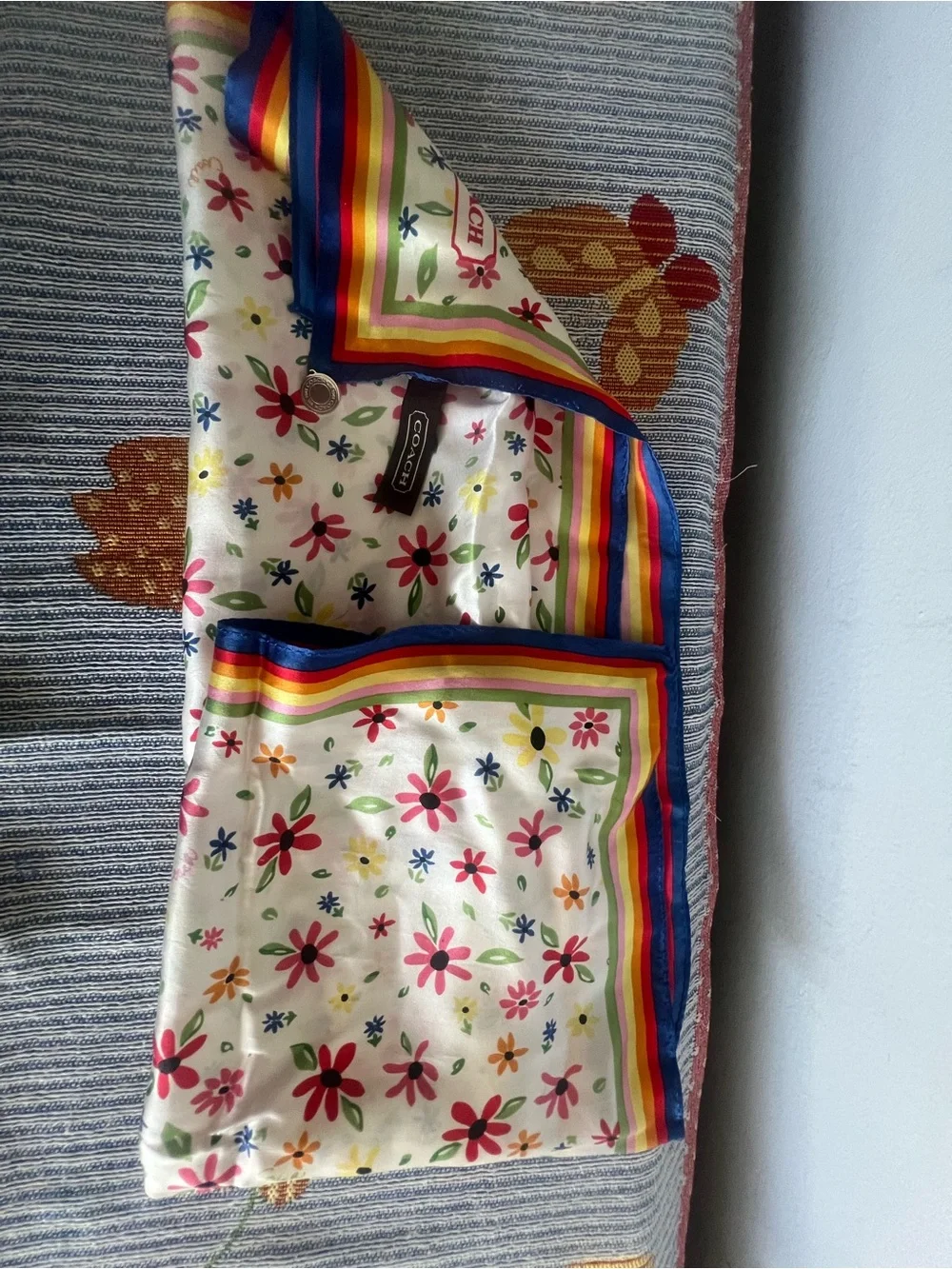 Coach Floral Rainbow Border Silk Scarf - White, Red, Blue, Yellow, Pink, Green